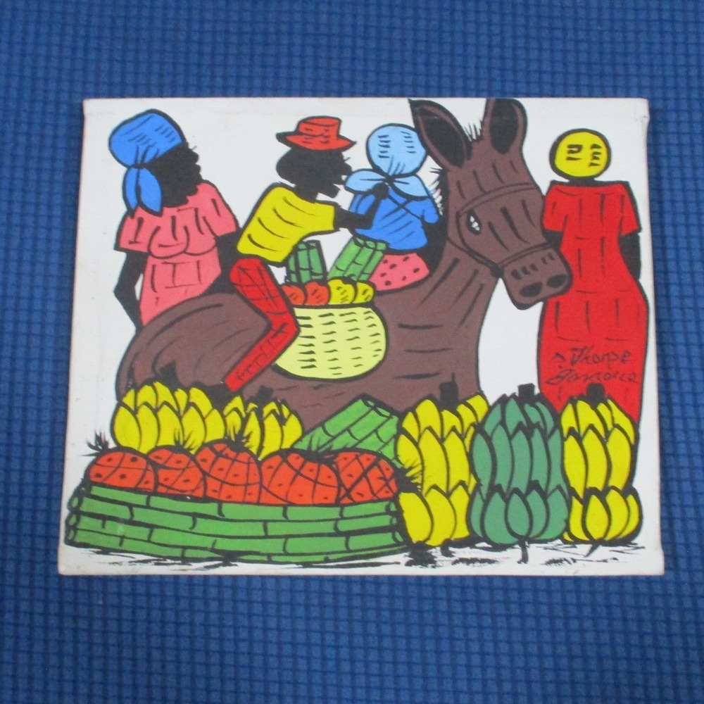 D. Thorpe Jamaica Folk Art Painting Signd Canvas Market Scene Donkey Fruit 12x10